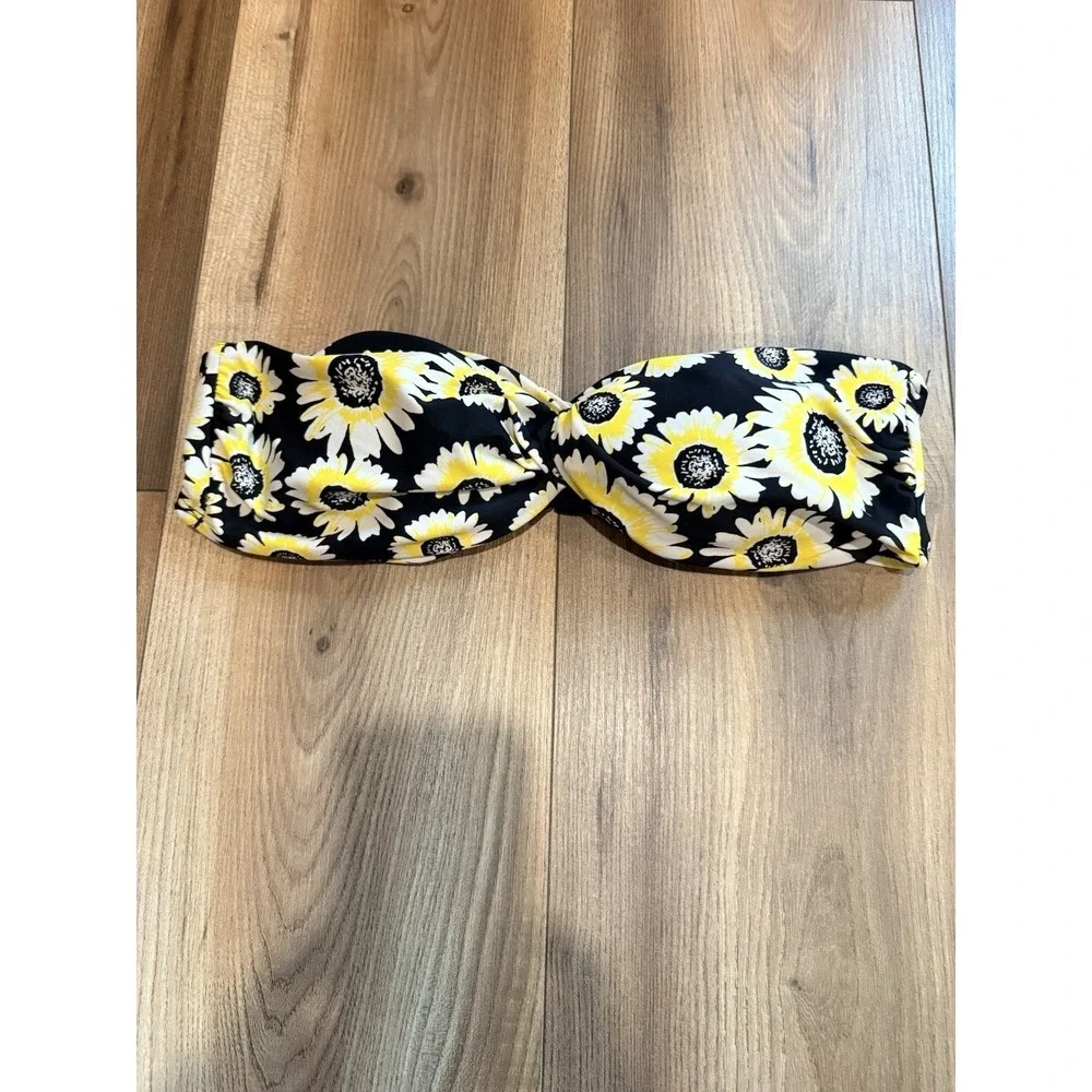 Forever 21 Swim Bikini Top Large Strapless Padded Daisy‎ Black